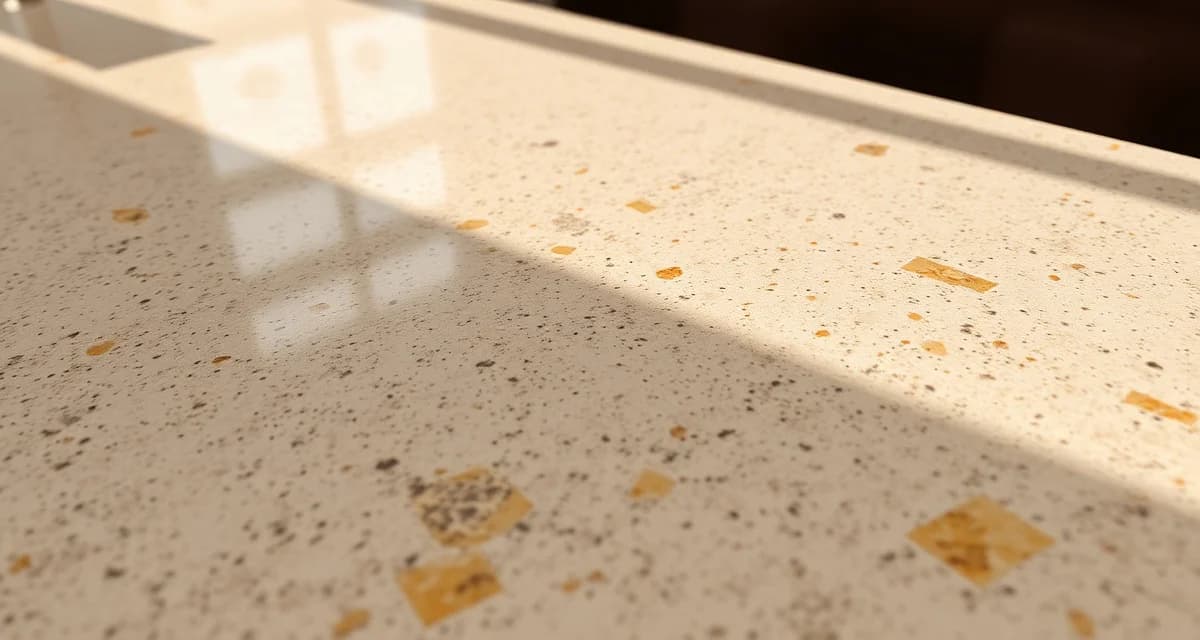 Quartz countertop discoloration repair guide Discolored quartz countertop showing yellowing and whitening patches caused by heat and UV exposure damage to resin binders.