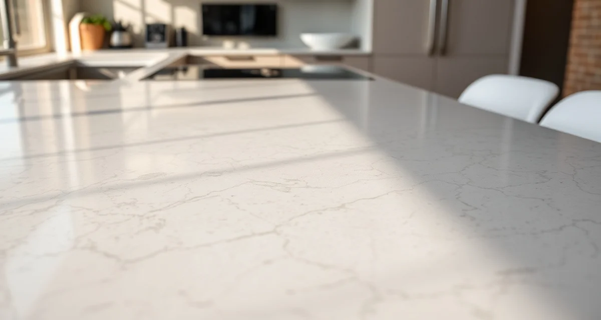 Premium quartz countertop material Close-up of polished quartz countertop showing consistent engineered stone pattern and glossy finish in modern kitchen