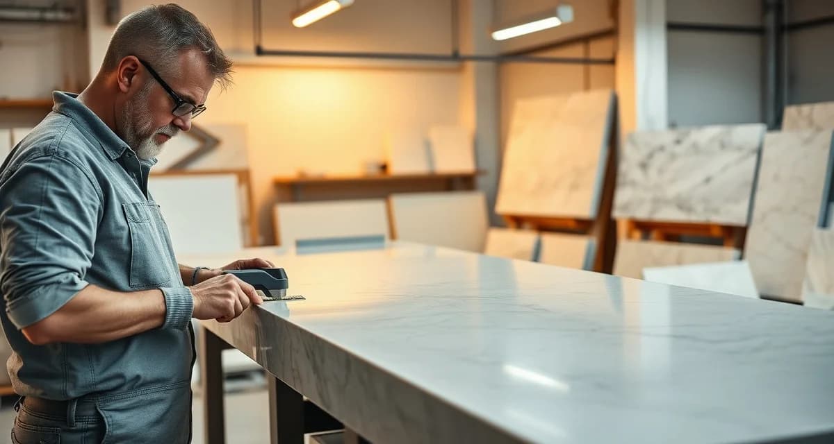 SlabWise quartz fabrication shop management Quartz countertop specialist using precision cutting tools to fabricate engineered stone slabs in professional fabrication workshop