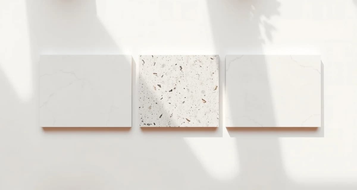 Low-maintenance countertop material samples side by side Comparison of quartz, granite, and porcelain countertop materials showing easiest maintenance options for homeowners
