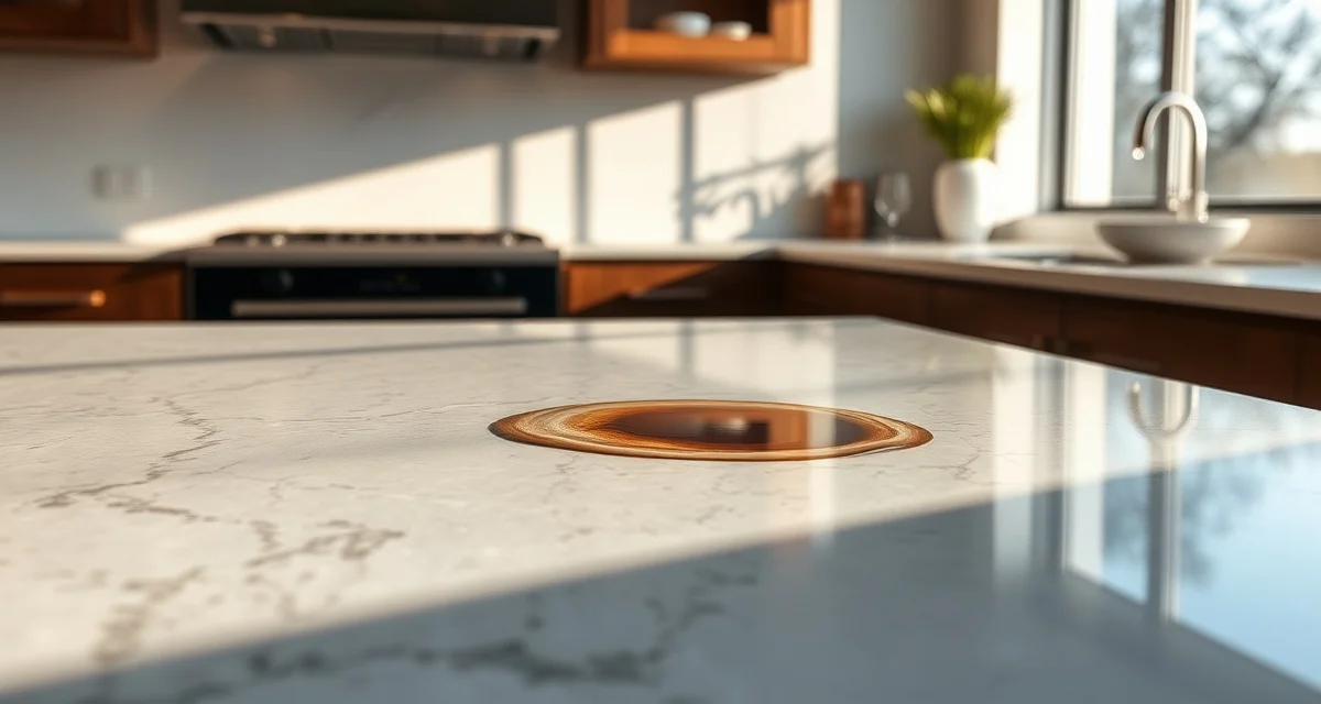 Professional quartz countertop stain resistance demonstration Close-up of quartz countertop surface demonstrating stain resistance with water droplet beading on non-porous engineered stone