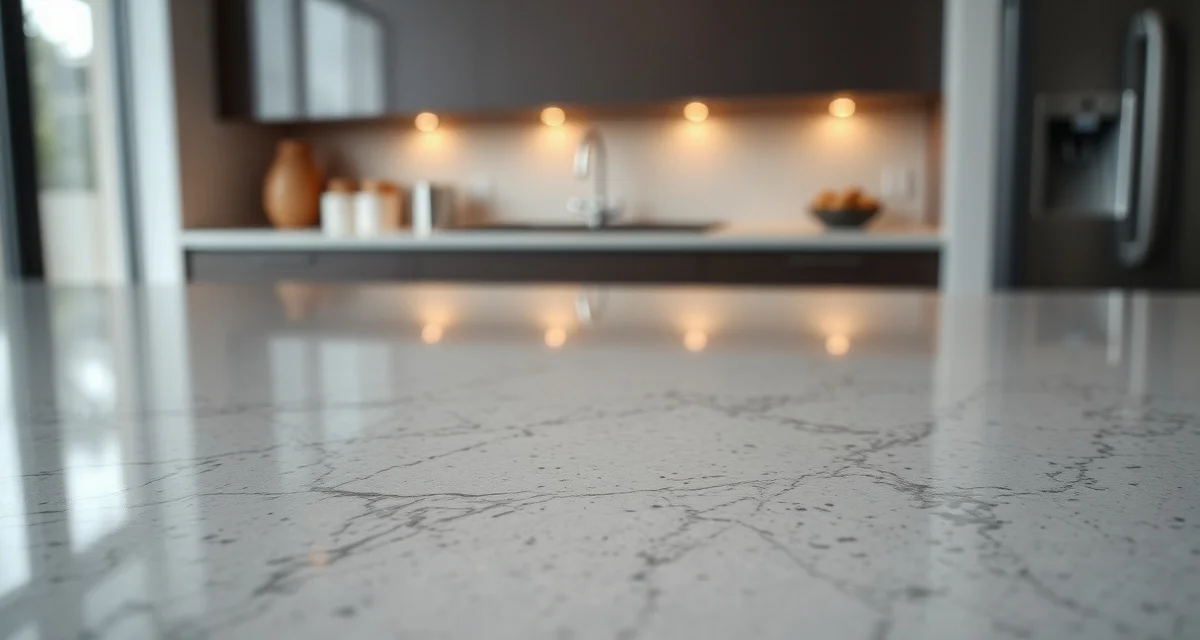 Premium quartz countertop material sample Polished quartz countertop surface displaying natural crystal patterns and manufactured composition used in modern kitchen fabrication