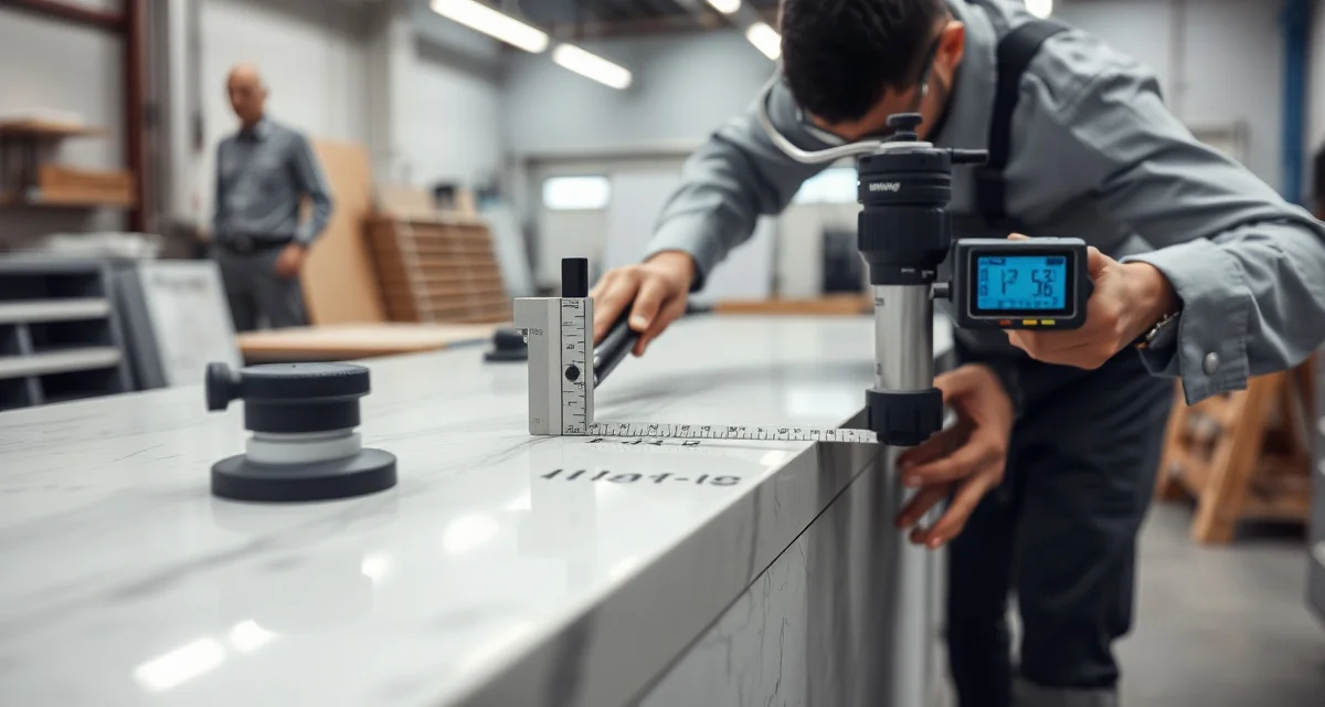 Quartz shop fabrication workflow measurement Quartz countertop slab being measured and marked during fabrication process in a professional stone shop with precision tools