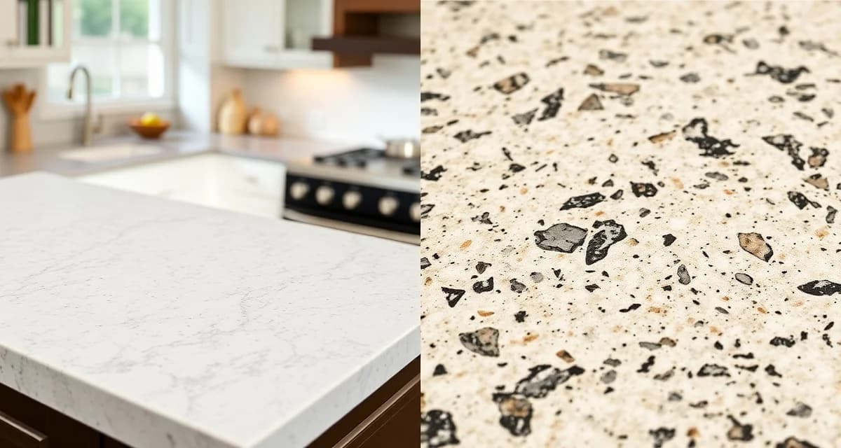 Quartz vs granite countertop materials comparison Side-by-side comparison of quartz and granite countertop surfaces showing texture and finish differences for kitchen selection.