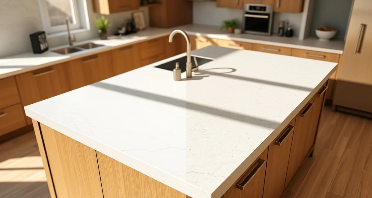 Quartz and Corian countertop material samples Side-by-side comparison of quartz engineered stone and Corian solid surface countertop materials showing different textures and durability features
