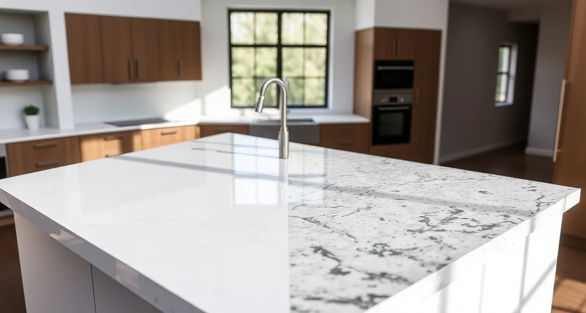 Quartz vs granite countertop materials side-by-side comparison Close-up comparison of quartz and granite countertop surfaces showing texture and finish differences for kitchen counters
