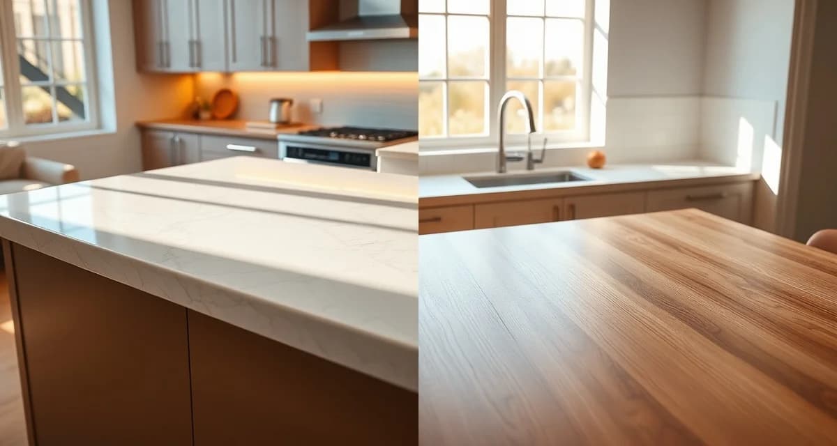 Premium countertop materials comparison guide Side-by-side comparison of quartz and laminate countertops showing durability and appearance differences for 2026