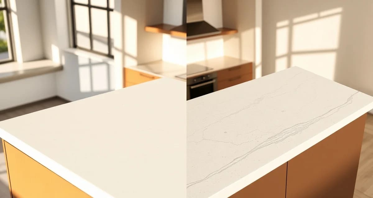 Engineered countertop materials comparison Quartz and porcelain countertop samples displayed side-by-side showing material differences and design options for 2026 kitchen renovations.