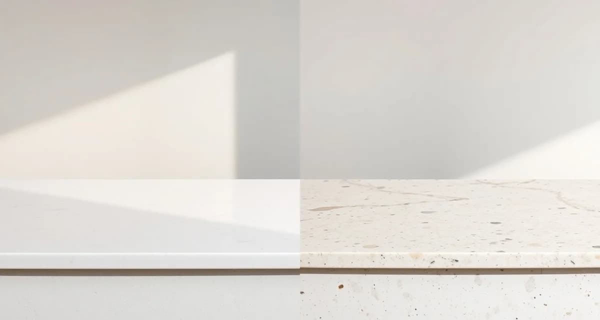 Quartz vs Quartzite Material Comparison Side-by-side comparison of quartz engineered countertop and natural quartzite stone samples showing texture and finish differences