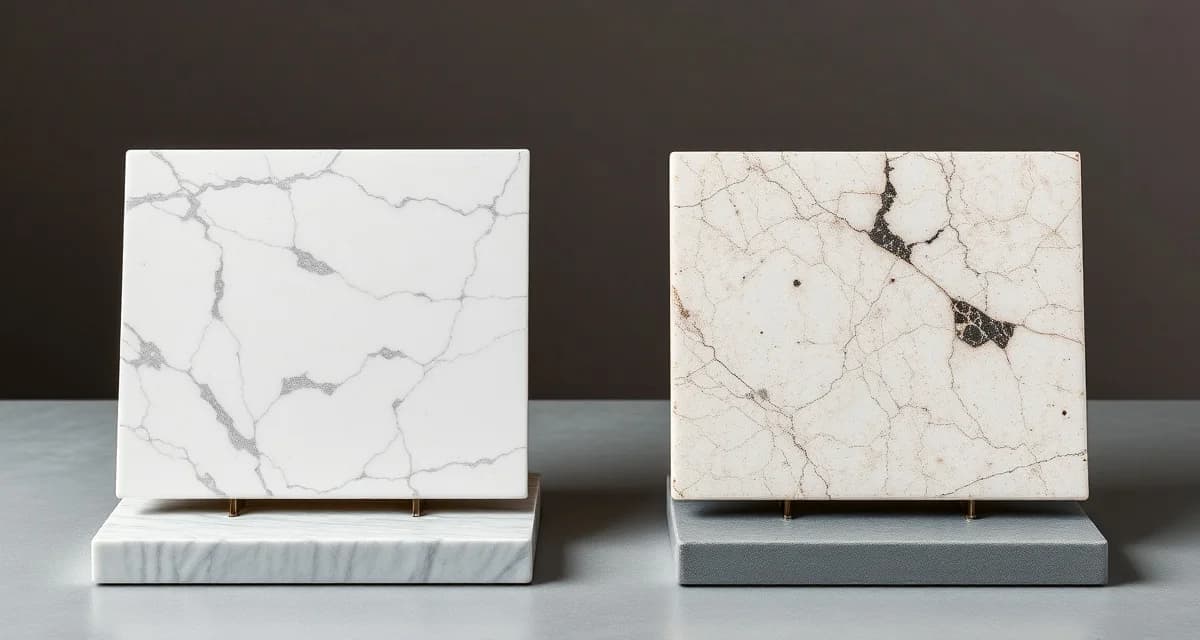 Quartz vs Quartzite countertop materials visual comparison Side-by-side comparison of quartz and quartzite countertop materials showing texture and finish differences