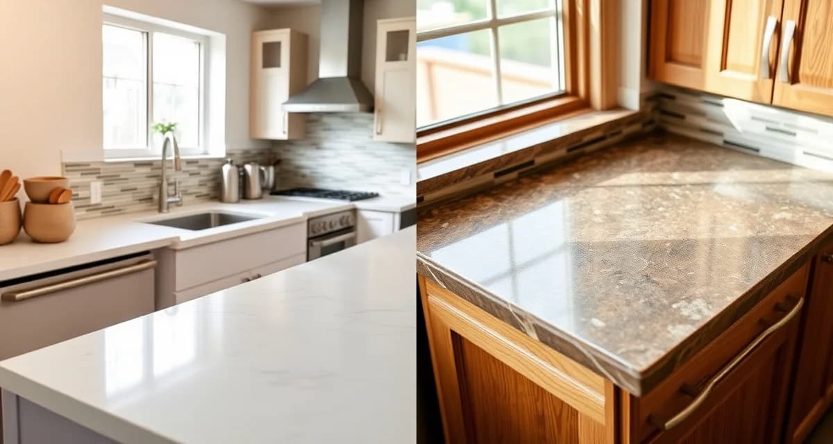 Quartz vs soapstone countertop materials comparison Side-by-side comparison of quartz and soapstone countertops showing modern uniform quartz versus rustic textured soapstone surface finishes
