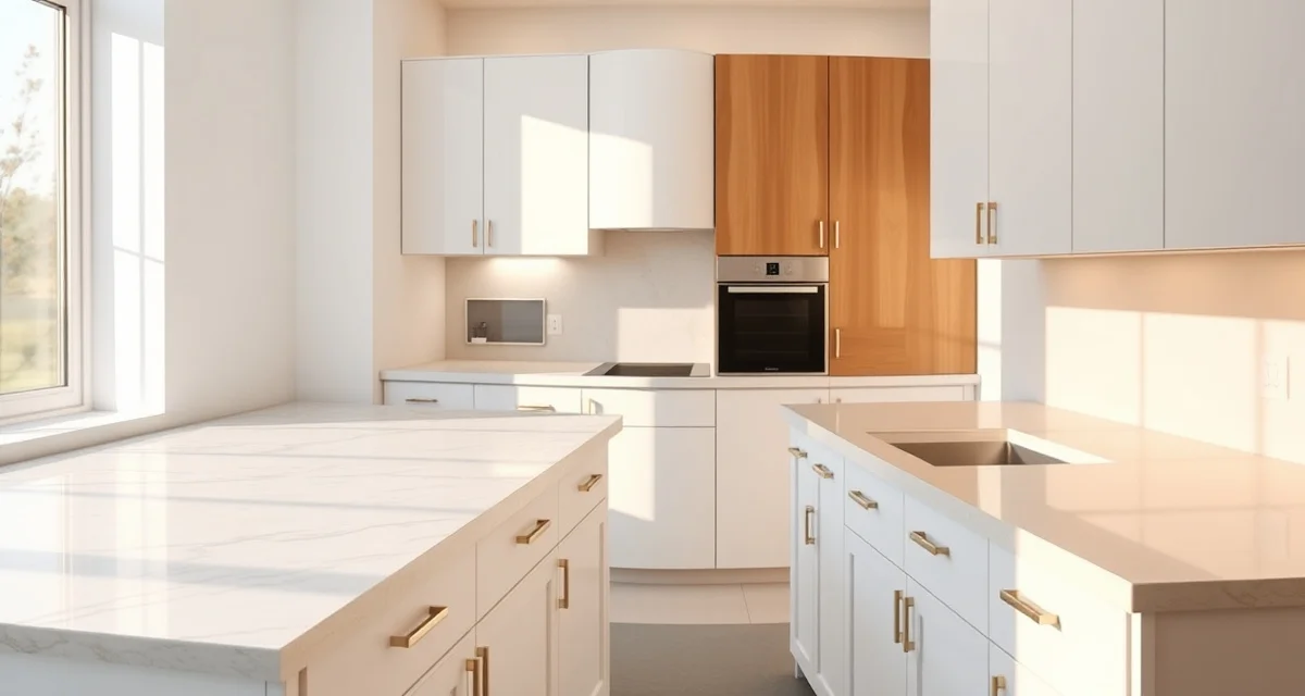 Quartz vs Solid Surface Material Comparison Side-by-side comparison of quartz countertop and solid surface countertop materials showing finish and color differences