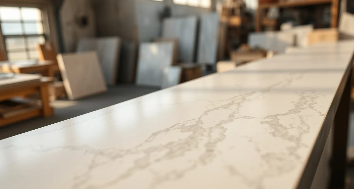 Premium quartzite countertop material sample Close-up of polished quartzite countertop surface displaying natural white and gray veining patterns characteristic of this durable metamorphic stone.