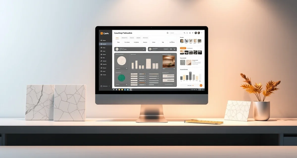 QuickQuote software review for stone fabricators QuickQuote countertop estimation software interface displayed on computer monitor with stone fabrication materials