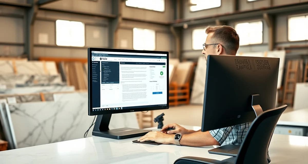 Software migration planning for countertop fabrication business Stone shop manager reviewing QuickQuote to SlabWise migration process on computer workstation with professional software interface visible
