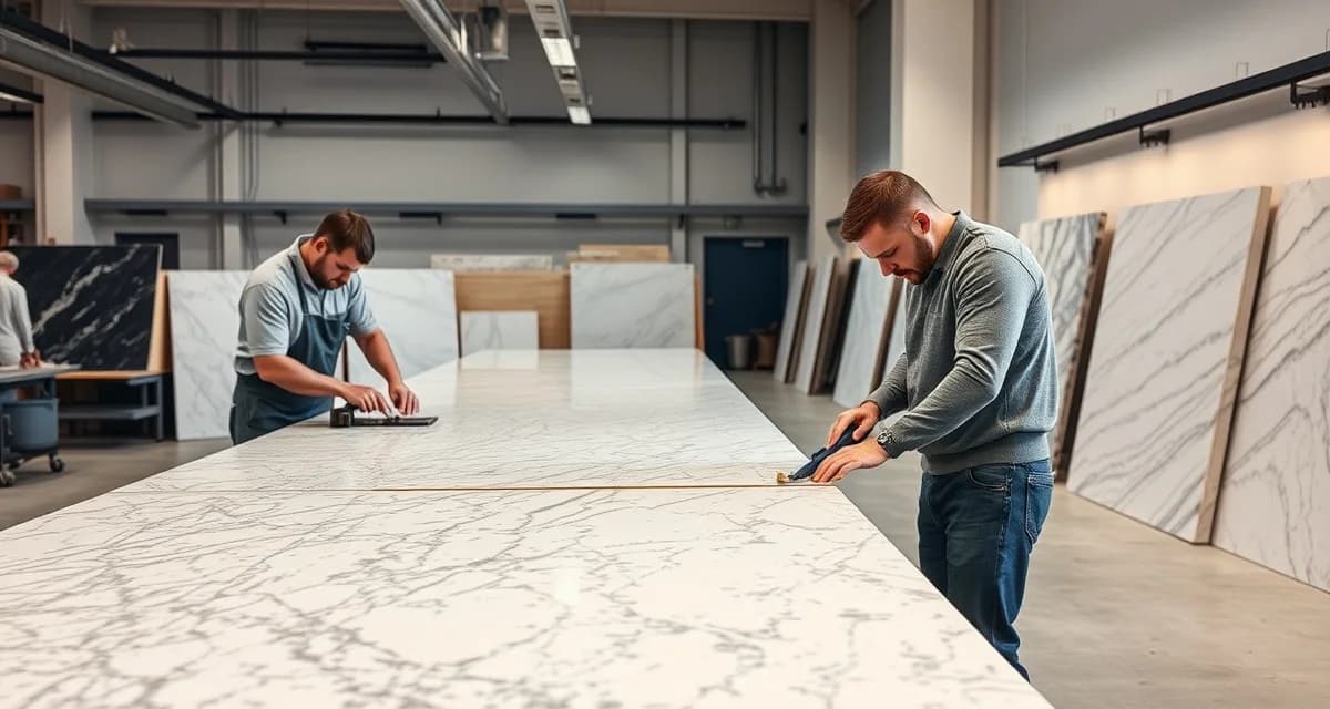 SlabWise countertop software for Raleigh fabrication shops Modern countertop fabrication shop in Raleigh, NC with workers measuring and cutting granite and quartz slabs for kitchen and bathroom installations.