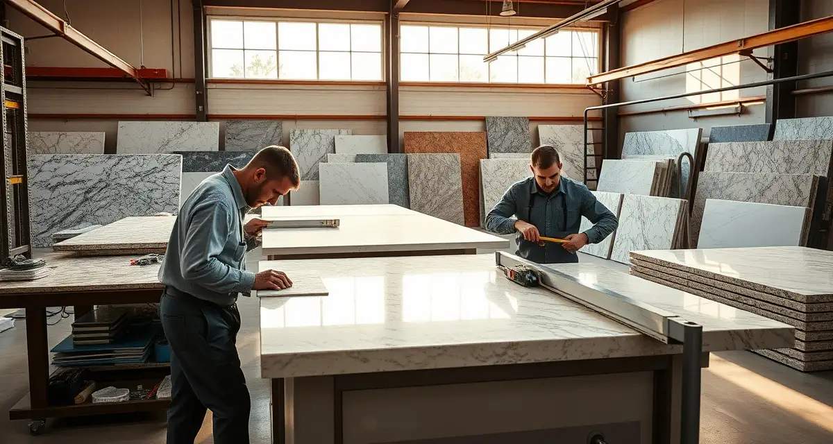 Expert countertop fabrication services in Raleigh Professional countertop fabricators in Raleigh, NC cutting and measuring stone slabs in a modern fabrication workshop with organized granite and quartz inventory.