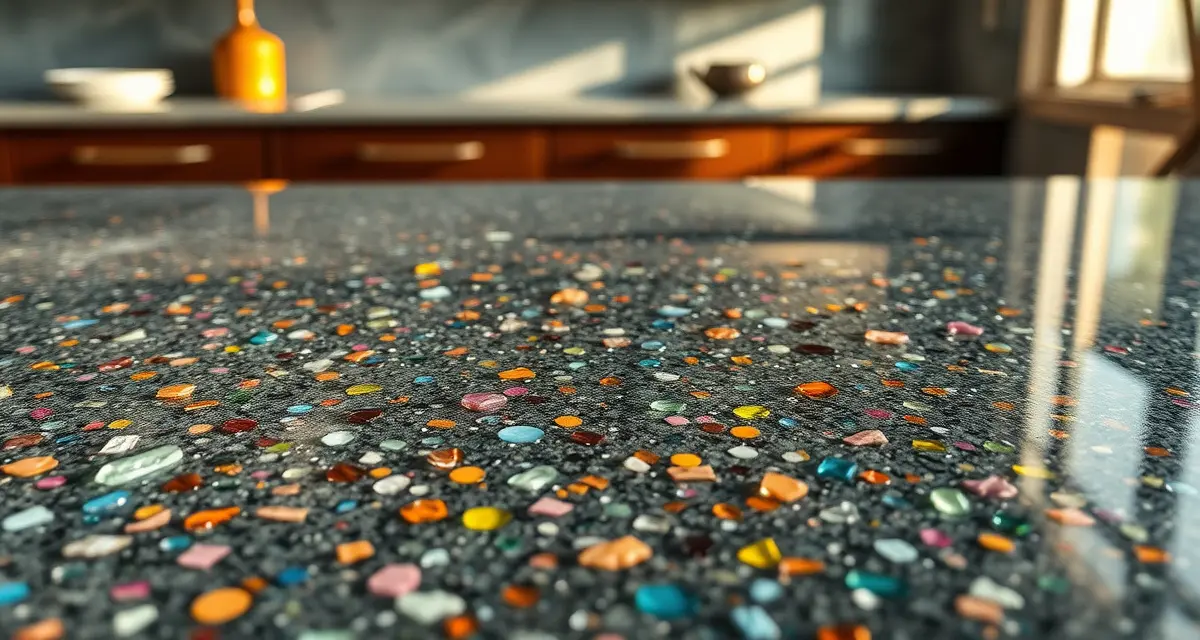 Sustainable recycled glass countertop surface detail Close-up of recycled glass countertop material showing colorful glass fragments in resin binder with warm natural lighting