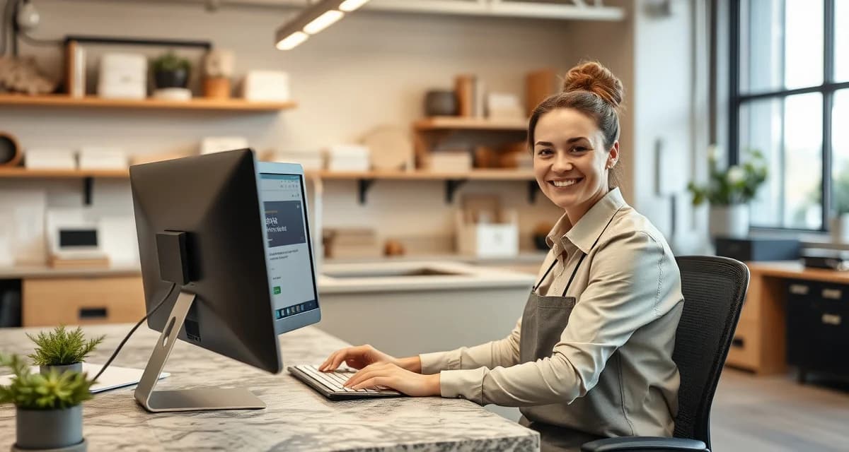 Efficient customer communication reduces shop phone calls Countertop shop staff member managing customer communications through proactive updates system to reduce incoming status calls