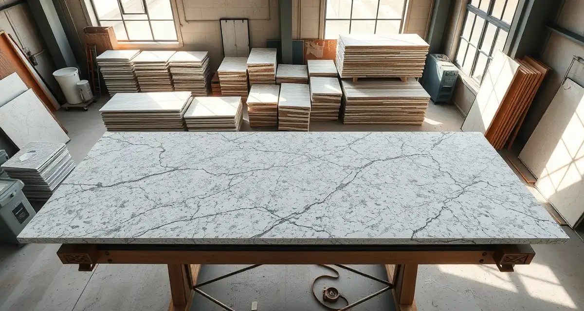 Slab waste reduction in countertop fabrication shop Stone countertop slab on fabrication table with cutting guides and organized remnant pieces for waste reduction