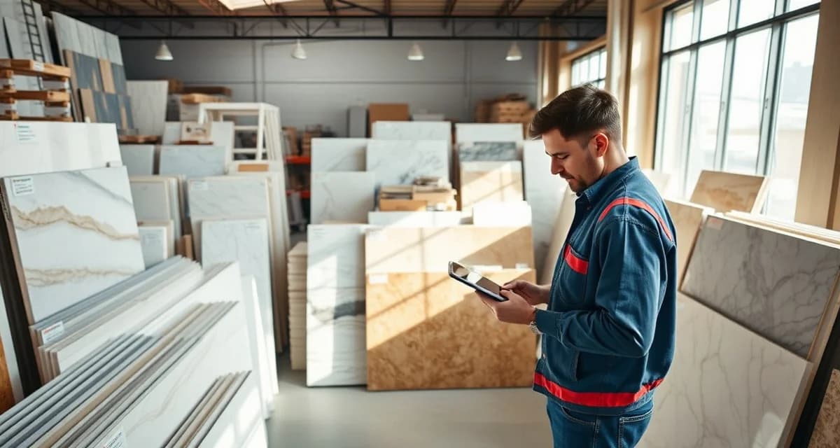 Remnant management and tracking system Organized stone slab remnants with digital inventory system in professional countertop fabrication shop