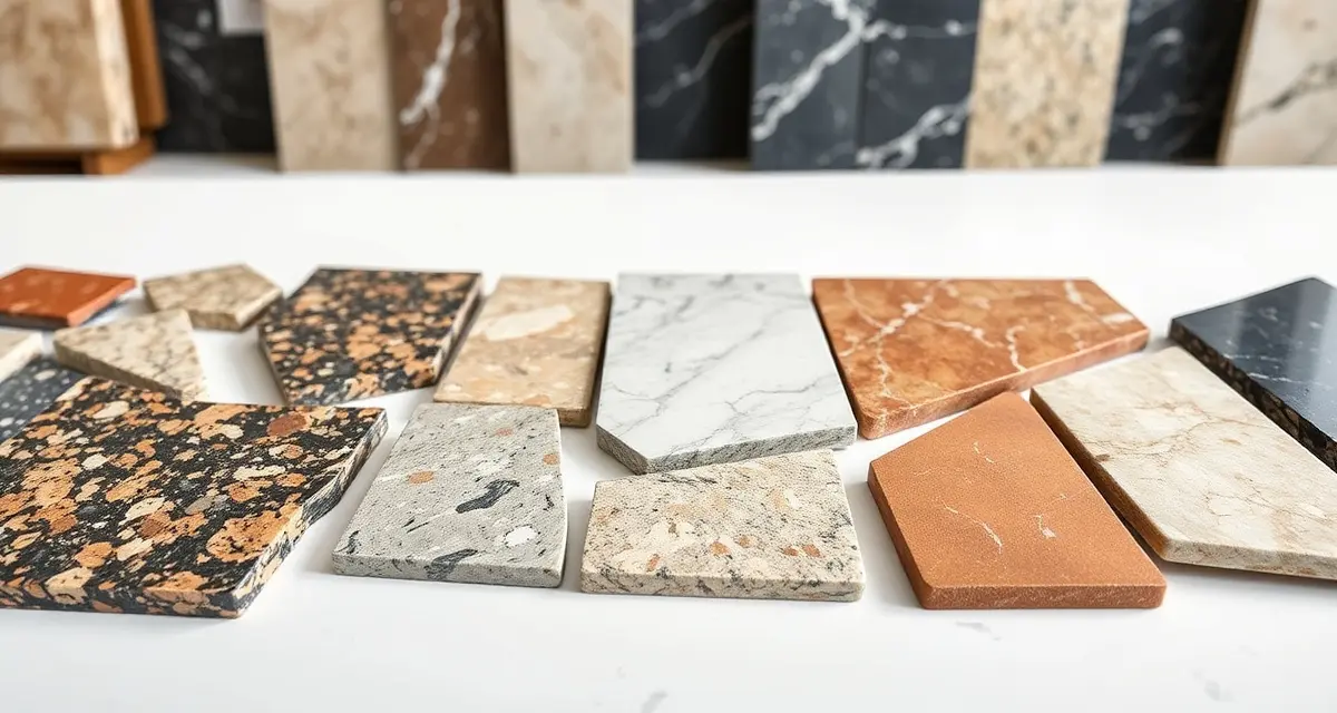 Stone remnant samples for countertop and vanity projects Assorted polished stone remnants in various sizes and colors arranged to show typical remnant stone pieces used in countertop fabrication.