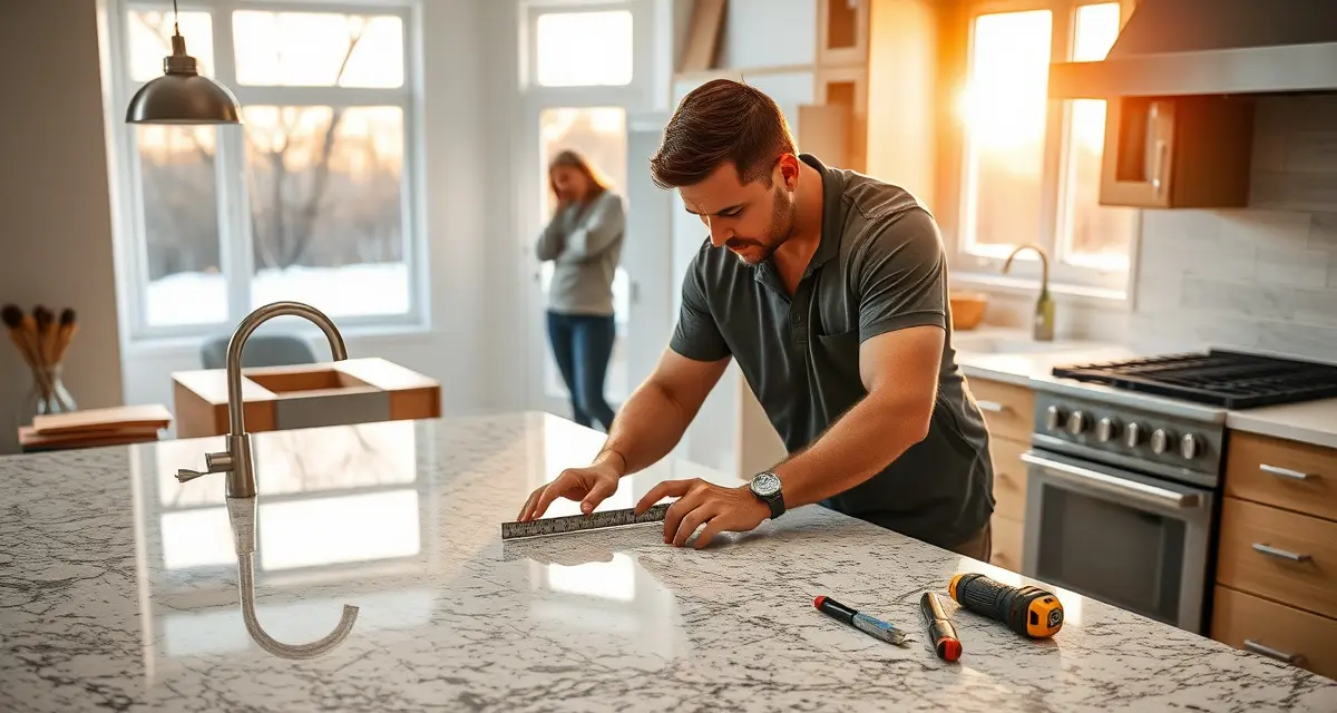 Expert residential countertop installation and measurement Professional stone countertop fabricator installing premium granite slab in residential kitchen during installation process