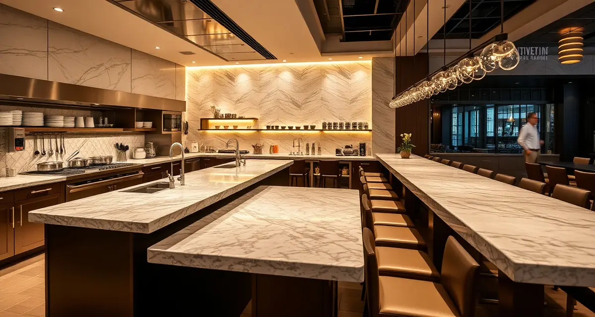 Professional restaurant countertop solutions Modern restaurant kitchen displaying durable stone countertop options for both food preparation and dining areas with premium materials