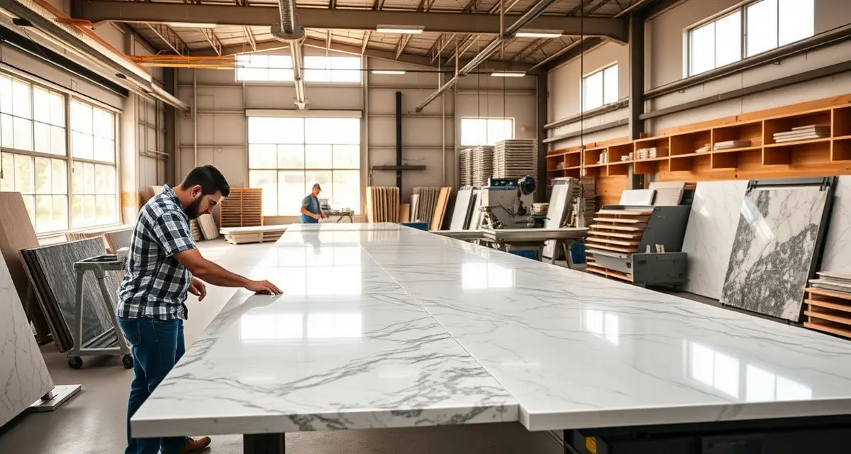 SLC Countertop Shop Operations & Stone Management Modern countertop fabrication shop in Salt Lake City showing stone cutting equipment and material management for professional fabricators