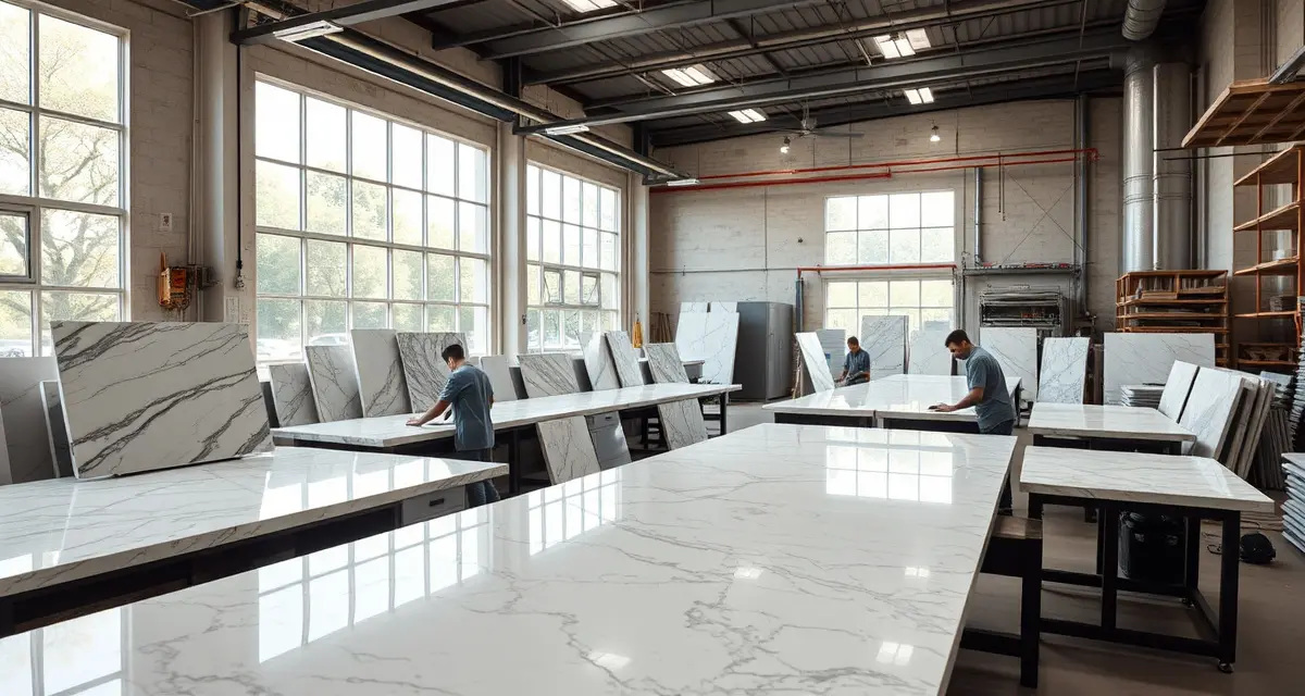 SlabWise countertop management software for San Antonio shops Professional countertop fabrication shop in San Antonio, TX showcasing stone slabs and modern equipment for granite and quartz countertop production.