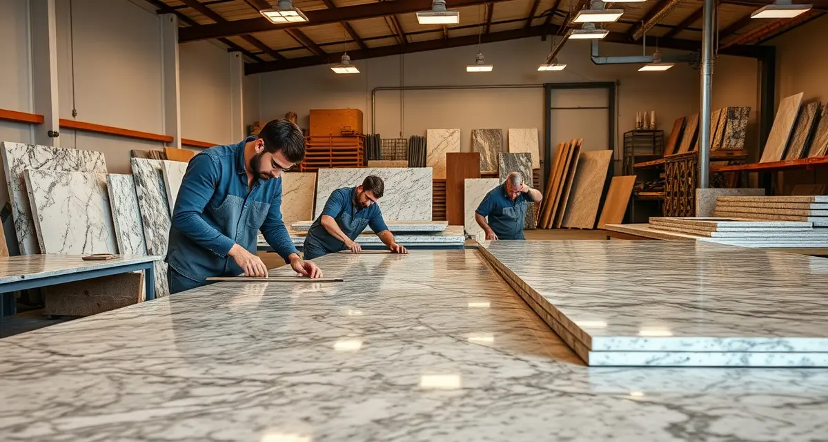 Expert countertop fabrication in San Antonio Professional countertop fabricators in San Antonio, TX workshop showing stone slab cutting and fabrication process for kitchen and bathroom countertops.