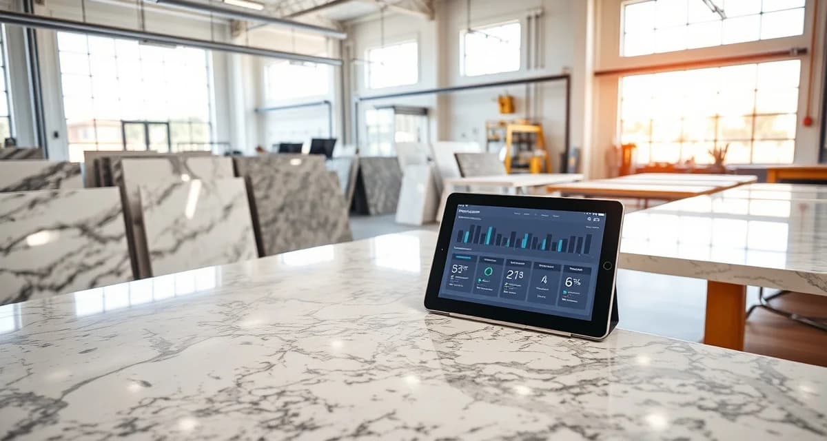 SlabWise countertop software dashboard in San Diego fabrication shop Modern countertop fabrication shop using SlabWise management software for San Diego stone countertop business operations