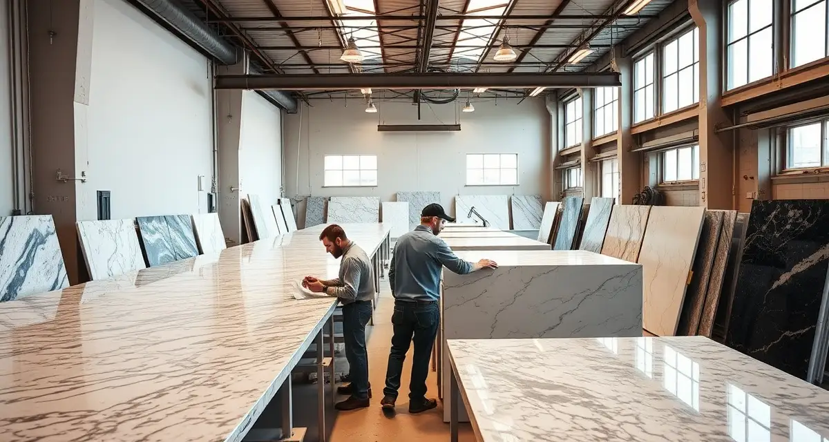 Professional stone countertop fabrication in San Francisco Expert countertop fabricators in San Francisco inspecting premium stone slabs in a professional fabrication workshop with quality materials and equipment.