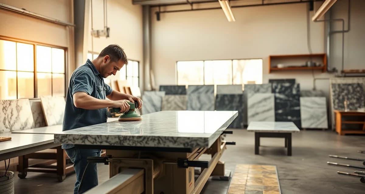 Stone countertop fabrication expertise in San Jose Professional countertop fabricator in San Jose workshop polishing granite slab on industrial equipment with finished stone samples displayed