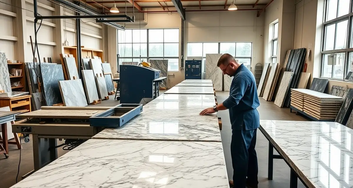 Expert countertop fabrication process Professional countertop fabricators in Seattle workshop cutting and polishing granite and quartz stone slabs with precision machinery.