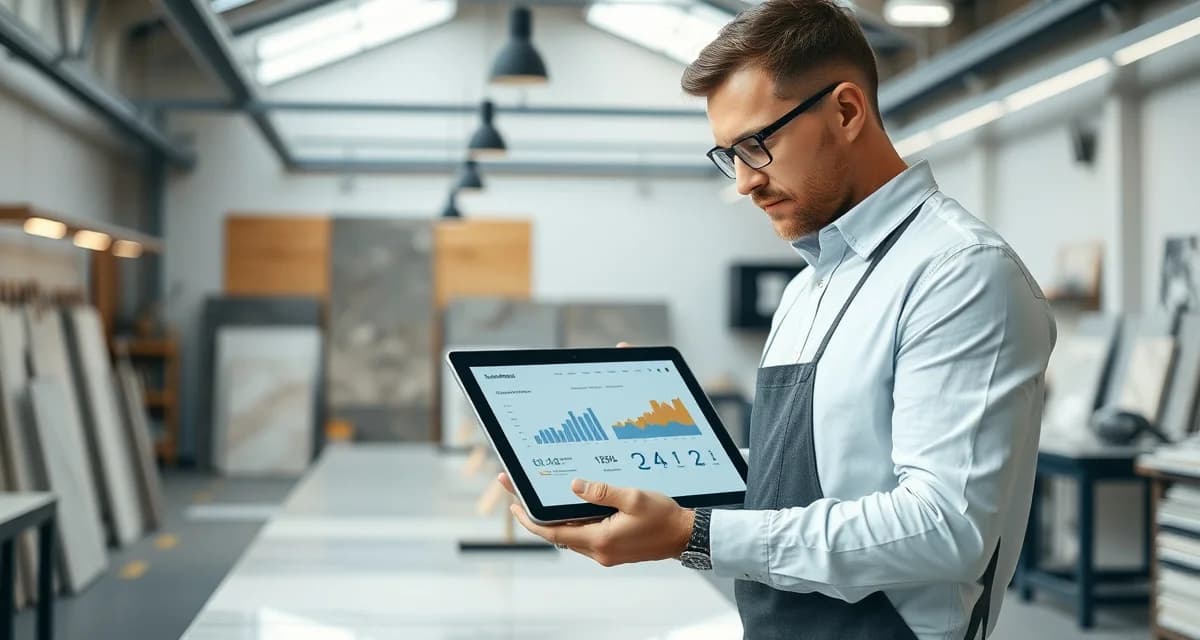 Digital shop management platform for stone fabrication businesses Fabrication shop manager using shop management software dashboard to track countertop orders and production scheduling