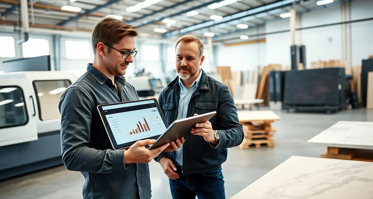 SlabWise dashboard streamlines shop manager workflows Shop manager using digital dashboard software to track stone countertop fabrication job status and slab inventory in real-time