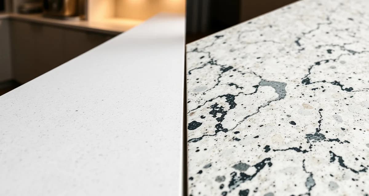 Silestone engineered quartz vs natural granite countertop materials Side-by-side comparison of Silestone quartz and granite countertop samples showing surface texture and finish differences