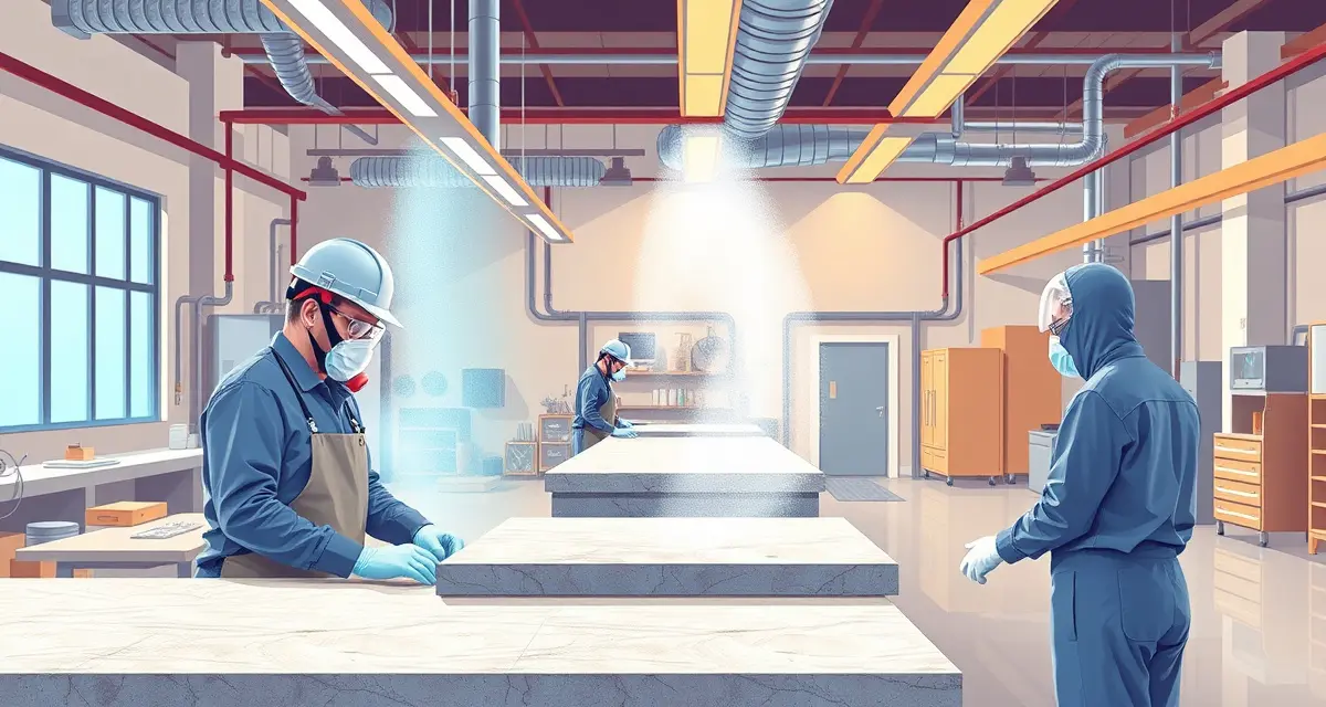 OSHA-compliant silicosis prevention in fabrication workshops Stone fabrication shop worker wearing respiratory protection equipment with dust control ventilation system operating in background