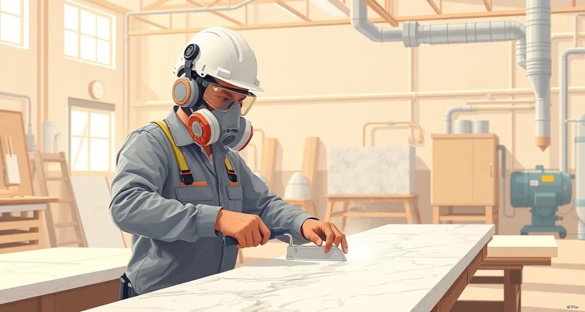 Silicosis prevention in countertop fabrication Stone fabrication worker wearing respiratory protection during countertop cutting, illustrating silicosis prevention safety measures in 2026.