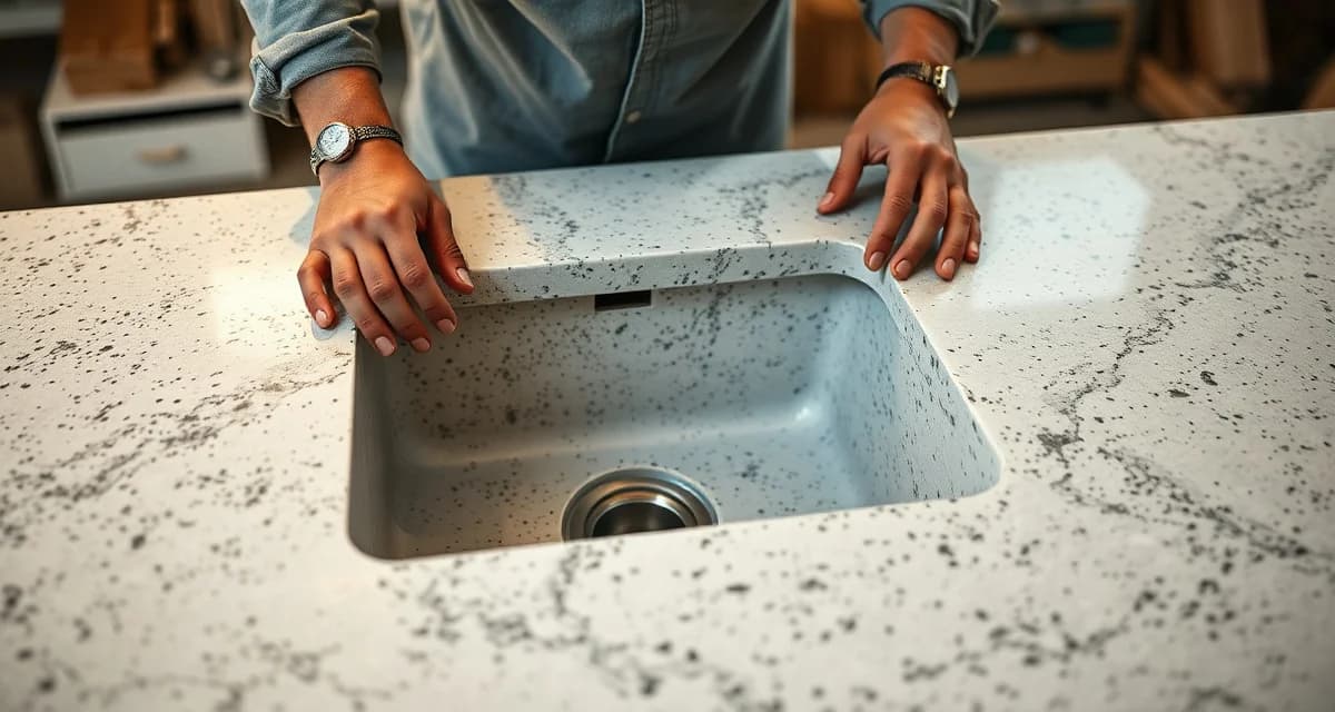 Proper sink installation sequence for stone countertops Professional sink installation demonstration showing undermount sink positioning before countertop placement during stone fabrication