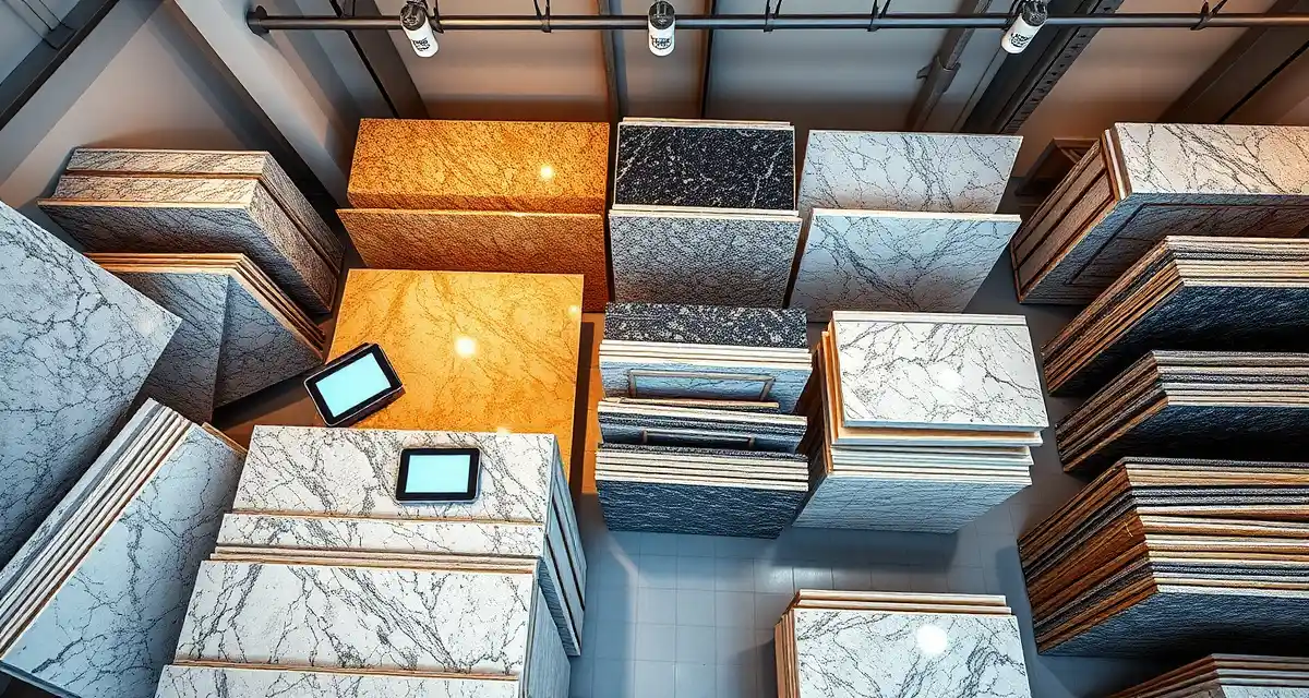 Real-time slab inventory management in stone shop Stone fabrication shop with organized slab inventory tracking system showing stacked granite and quartz slabs with digital management labels