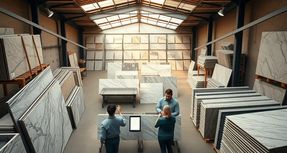 Digital slab inventory management solution for fabrication shops Modern stone fabrication shop displaying organized slab inventory tracking system with digital management software and labeled countertop materials.