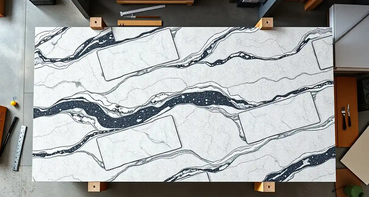 Stone slab nesting optimization visualization Overhead view of optimized slab nesting layout on granite countertop slab showing efficient piece arrangement and minimal waste.