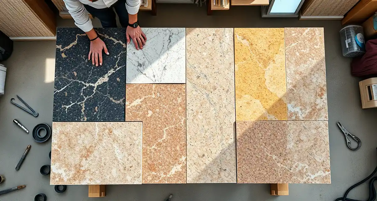 Optimized slab nesting arrangement for countertop fabrication Stone countertop slab nesting layout showing efficient arrangement of granite and quartz pieces to minimize waste in fabrication