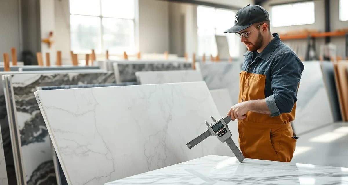 Stone Slab Quality Inspection Process Fabrication shop technician inspecting stone slab for damage during receiving process with measurement tools