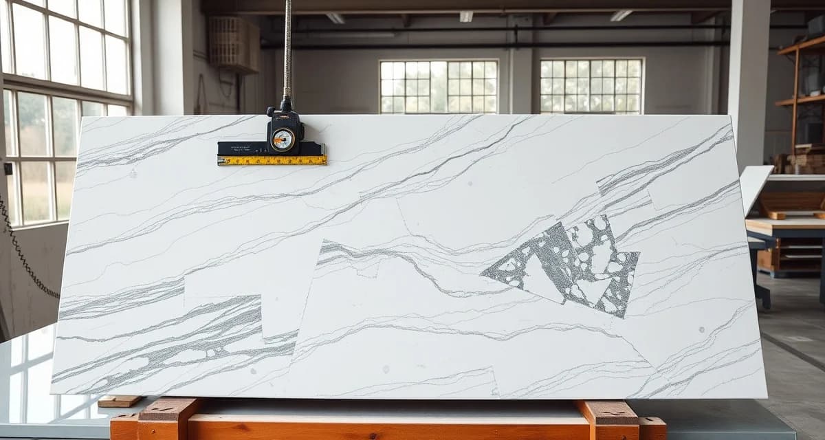 Slab yield measurement in countertop fabrication Stone slab yield calculation showing usable countertop pieces separated from waste material in a fabrication shop setting.