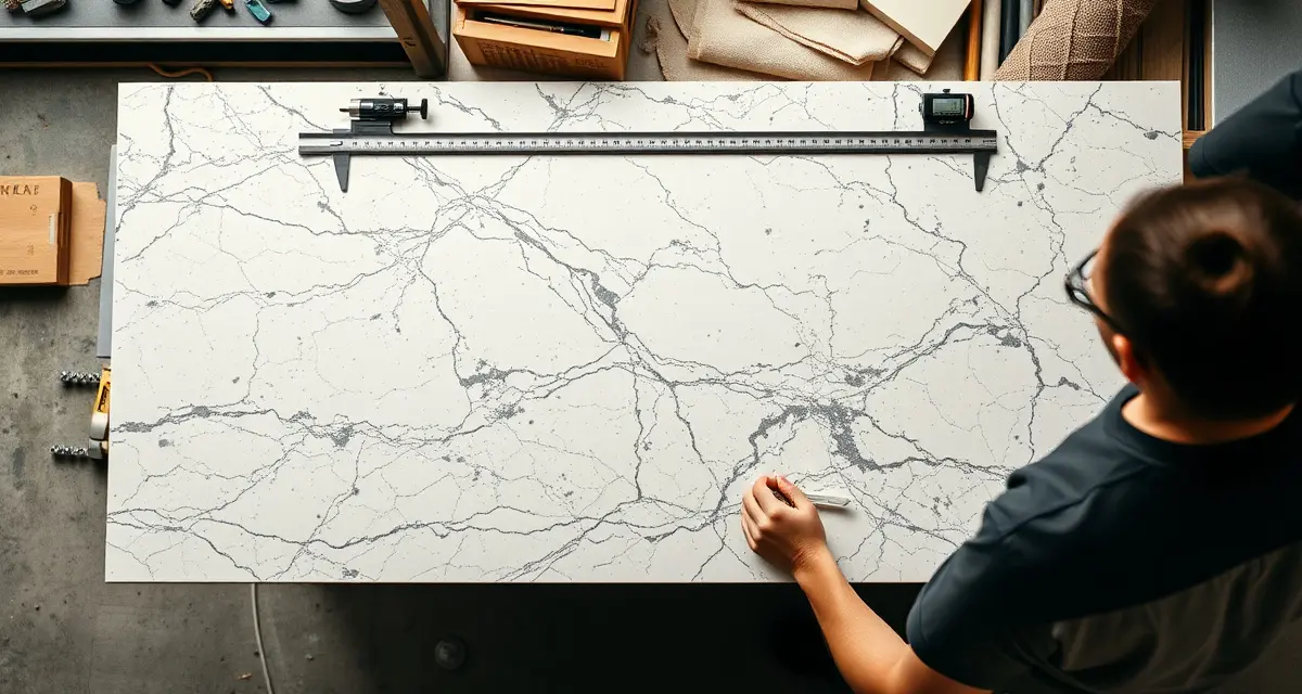 Slab yield optimization in countertop fabrication Stone slab yield calculation showing usable countertop material versus waste in a fabrication shop measuring process.