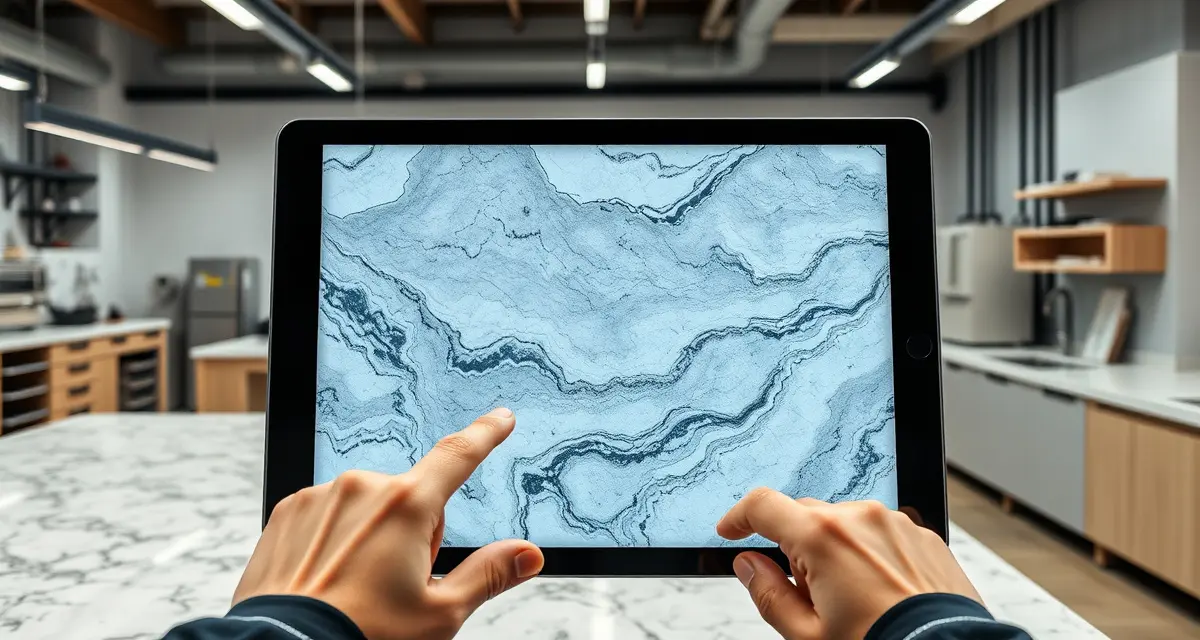Digital countertop design visualization with SlabSmith SlabSmith software showing digital stone slab image with virtual countertop layout visualization for fabrication planning