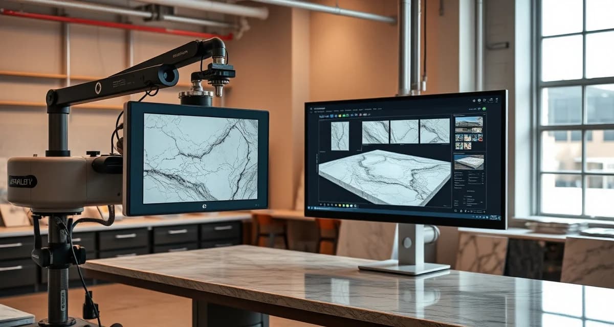 Advanced stone slab imaging technology for fabrication shops SlabSmith digital imaging system for countertop fabricators photographing and cataloging stone slabs with virtual layout visualization